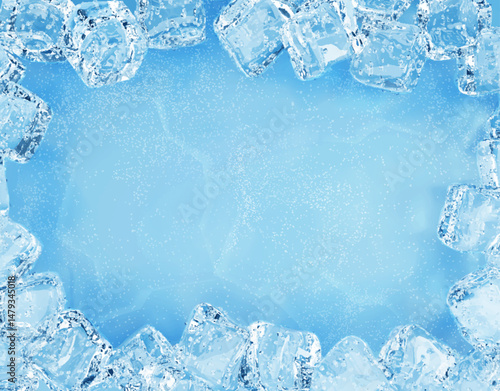 Icy surface blue background. 3d realistic ice cubes boarder frame on on scattered light blue iced surface. Abstract winter frozen water illustration