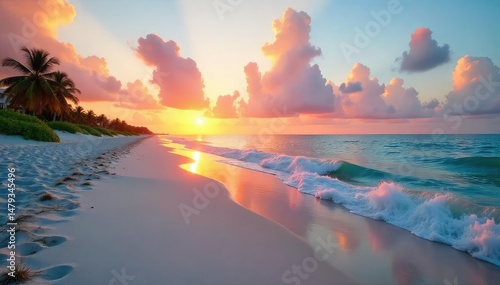 Fototapeta Naklejka Na Ścianę i Meble -  Tranquil Florida beach scene at sunrise, soft sand, calm ocean waves ,  idyllic,  vibrant