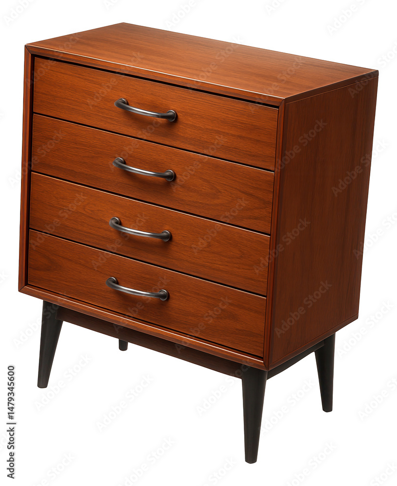 Mid-century modern wooden dresser with four drawers and sleek metal handles on transparent background. Mid-century modern wooden dresser with four drawers and sleek metal handles on transparent background.