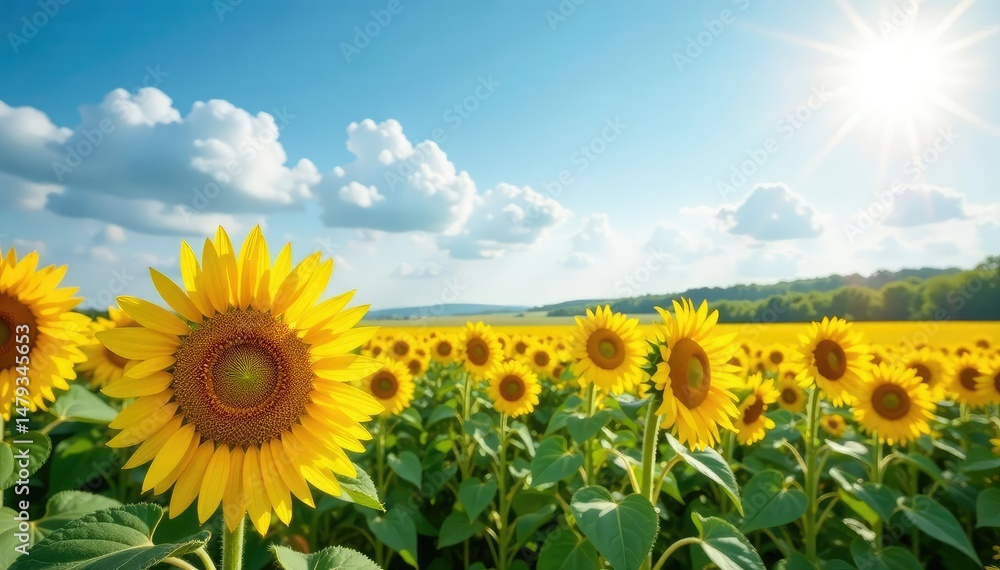 Obraz premium Vast field of sunflowers blooming under a bright summer sky , blossoms, background