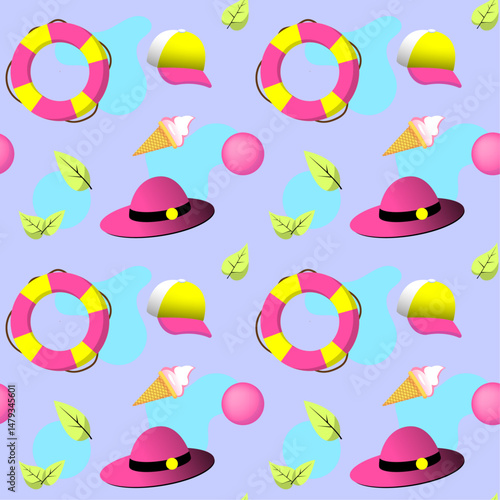 vector pattern design of patterns with summer leisure items leaves ice cream lifebuoy cap