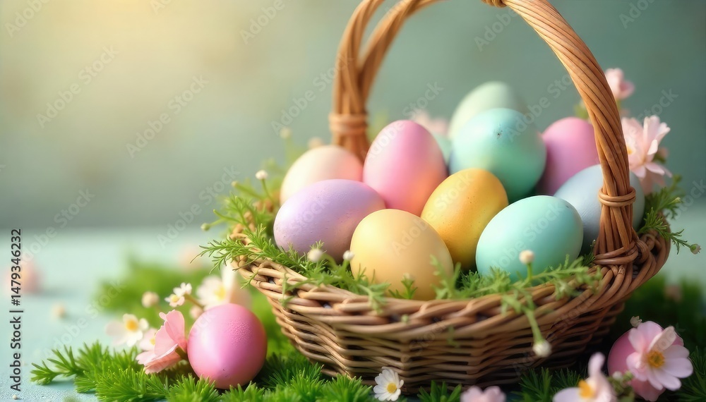 Vibrant pastel-colored Easter eggs in a basket, ready for a hunt , background, hunt, candy Vibrant pastel-colored Easter eggs in a basket, ready for a hunt , background, hunt, candy