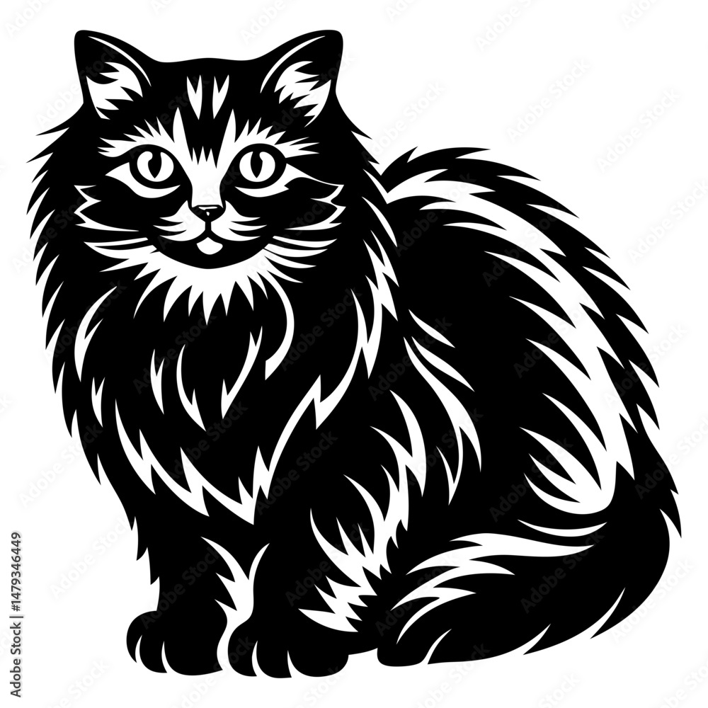 A Majestic Longhaired Cat in a Striking Black and White Illustration A Majestic Longhaired Cat in a Striking Black and White Illustration