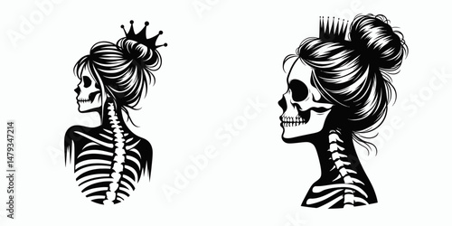 Female Skeleton with Messy Bun Crown. Clipart silhouette vector illustration. Skull woman adorned royal diadem disheveled coil hairstyle human bone.