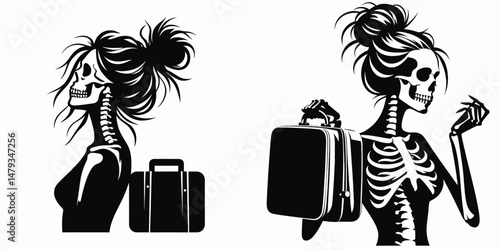 Female Skeleton with Messy Bun Suitcase. Clipart silhouette vector illustration. Undead woman updo luggage. an afterlife journey bone visage.
