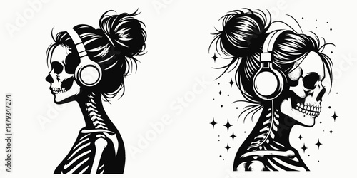 Female Skeleton with Messy Bun Headphones. Clipart silhouette vector illustration. Woman cranium disheveled knot enjoying music using headgear receiver.