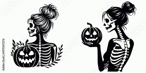 Female Skeleton with Messy Bun Pumpkin. Clipart silhouette vector illustration. Lady bone untidy coil having gourd halloween autumn season motif.