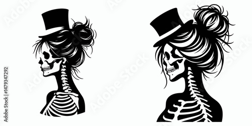 Female Skeleton with Messy Bun Top Hat. Clipart silhouette vector illustration. Lady bony figure untidy coil formal headwear for halloween decoration.