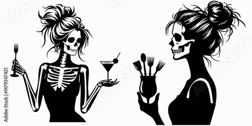 Female Skeleton with Messy Bun Bartender. Clipart silhouette vector illustration. Lady bones updo mixologist spooky bar employee disheveled knot.