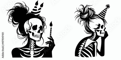 Female Skeleton with Messy Bun Birthday. Clipart silhouette vector illustration. Womans bony figure untidy hairdo celebration event annum.