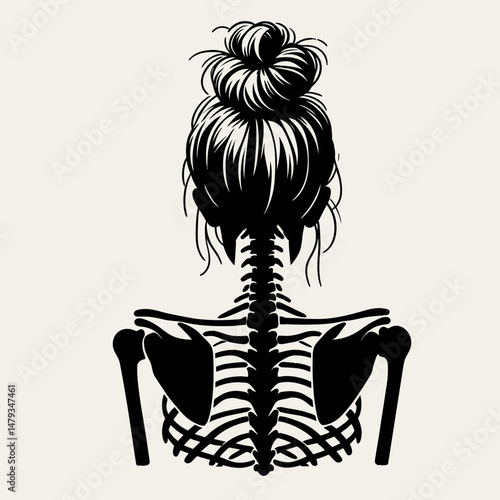 Female Skeleton with Messy Bun Bowing. Clipart silhouette vector illustration. Womans bony figure updo knot giving homage skeletal spooky concept.