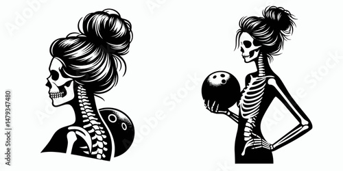Female Skeleton with Messy Bun Bowling. Clipart silhouette vector illustration. Bony lady figure throwing sphere at pins disheveled coiled hairdo action.