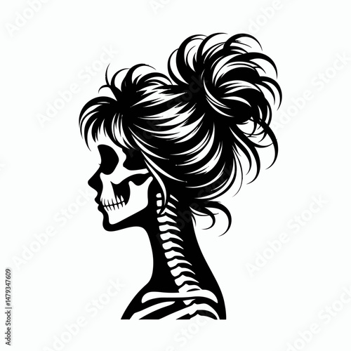 Female Skeleton with Messy Bun Clown. Clipart silhouette vector illustration. Womans bony remains ruffled hairdo playful jester visage halloween theme.