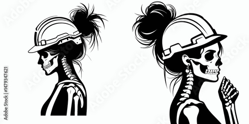 Female Skeleton with Messy Bun Construction Worker. Clipart silhouette vector illustration. Womans bony structure disheveled hairdo building trade labor.