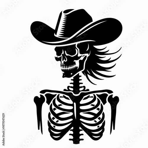 Female Skeleton with Messy Bun Cowboy. Clipart silhouette vector illustration. Womans bony structure sporting casual knot headwear in rancher attire.