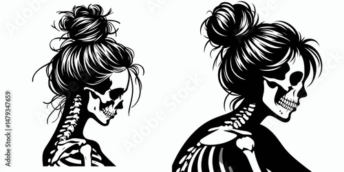 Female Skeleton with Messy Bun Crafting. Clipart silhouette vector illustration. Woman skeletal figure untidy chignon art creation hobby project.