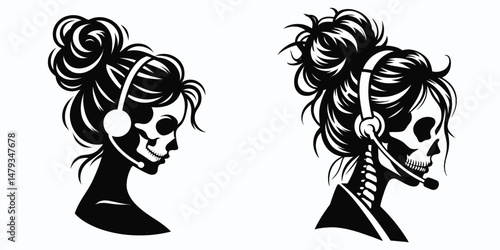 Female Skeleton with Messy Bun Customer Service. Clipart silhouette vector illustration. Woman skull untidy hairdo client guidance undead agent assistance.