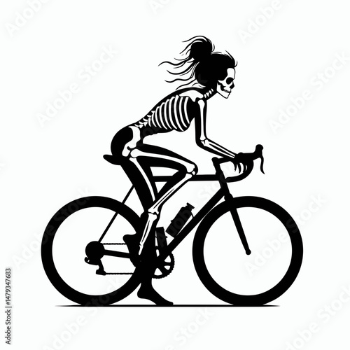 Female Skeleton with Messy Bun Cyclist. Clipart silhouette vector illustration. Bony woman disheveled updo biking anatomy figure cycling design.