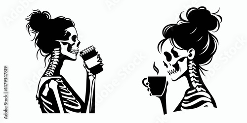 Female Skeleton with Messy Bun Drinking Coffee. Clipart silhouette vector illustration. Woman cranium disheveled hair knot enjoying morning brew.