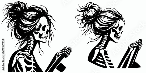 Female Skeleton with Messy Bun Driving. Clipart silhouette vector illustration. Womans bony structure having untidy hairstyle piloting auto vehicle.