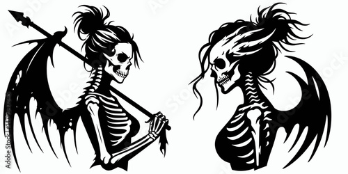 Female Skeleton with Messy Bun Dragon Slayer. Clipart silhouette vector illustration. Lady skeletal champion battling mythical beast disarrayed chignon.