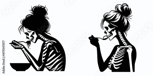 Female Skeleton with Messy Bun Eating. Clipart silhouette vector illustration. Womans bone figure disheveled topknot devouring victual spooky theme.
