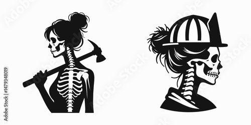 Female Skeleton with Messy Bun Firefighter. Clipart silhouette vector illustration. Woman cranium untidy chignon rescuer blaze combat vocation concept.
