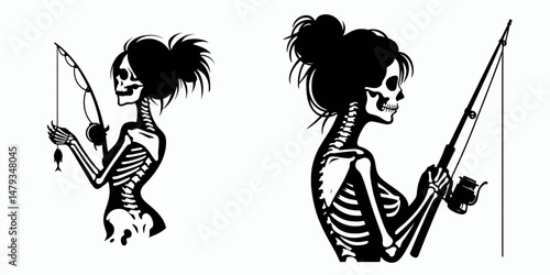 Female Skeleton with Messy Bun Fishing. Clipart silhouette vector illustration. Bony woman figure sporting untidy chignon angling outdoor pastime.