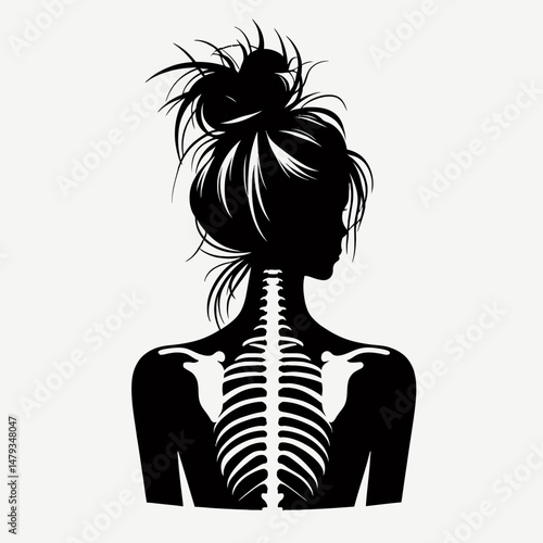 Female Skeleton with Messy Bun Fixing. Clipart silhouette vector illustration. Skeletal woman figure disheveled coiffure adjustment human anatomy depiction.