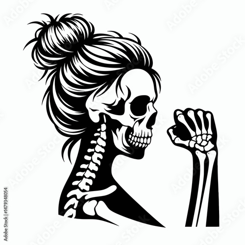 Female Skeleton with Messy Bun Fist Bump. Clipart silhouette vector illustration. Woman cranium sporting topknot bumping knuckles skeletal design element.