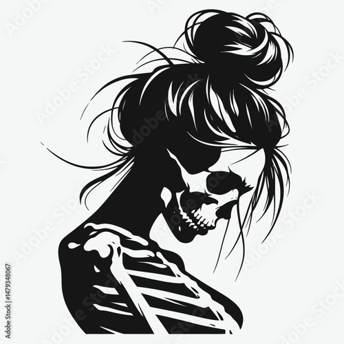 Female Skeleton with Messy Bun Floating. Clipart silhouette vector illustration. Cranium disheveled chignon adrift anatomy in celestial motion.
