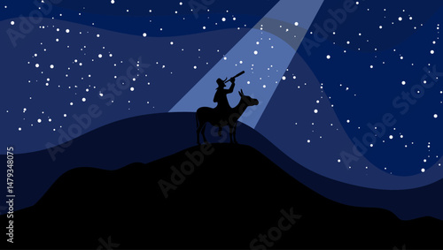 landscape, Old astronomer on the mountain, flat color illustration