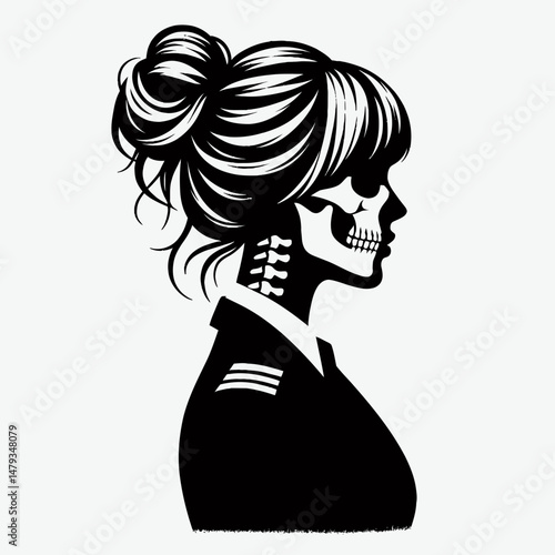 Female Skeleton with Messy Bun Flight Attendant. Clipart silhouette vector illustration. Deceased woman stewardess untidy chignon airline industry job role.