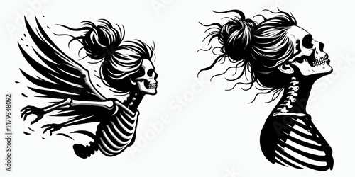 Female Skeleton with Messy Bun Flying. Clipart silhouette vector illustration. Airborne woman cranium disheveled coil spooky halloween icon art.