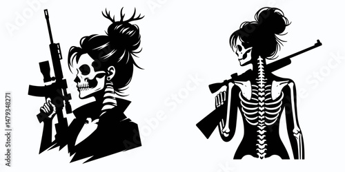 Female Skeleton with Messy Bun Hunter. Clipart silhouette vector illustration. Bone maiden untidy topknot pursuing prey a macabre huntress image.
