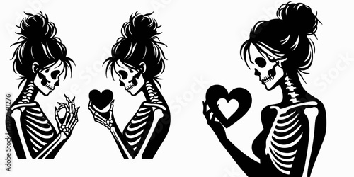 Female Skeleton with Messy Bun Holding Heart. Clipart silhouette vector illustration. Womans bony structure in disarrayed chignon clasping cardiac symbol affection.