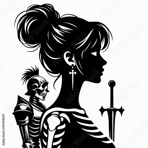 Female Skeleton with Messy Bun Knight. Clipart silhouette vector illustration. Lady bone warrior in armor untidy topknot macabre digital artwork.