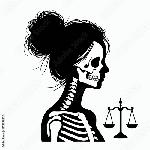 Female Skeleton with Messy Bun Lawyer. Clipart silhouette vector illustration. Woman bone structure disheveled knot attorney legal professional figure.