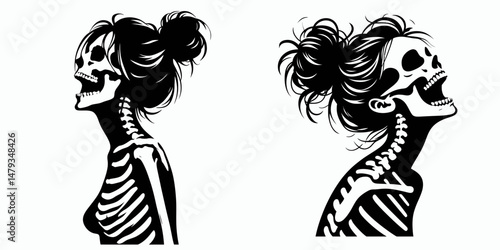 Female Skeleton with Messy Bun Laughing. Clipart silhouette vector illustration. Grinning woman skull casual hairdo bone joke jovial anatomy art.