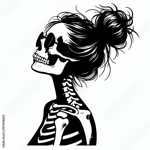 Female Skeleton with Messy Bun Pilot. Clipart silhouette vector illustration. Lady bony aviator disheveled chignon flying visage aviation theme.