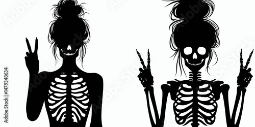 Female Skeleton with Messy Bun Peace Sign. Clipart silhouette vector illustration. Human skull untidy topknot showing symbol of harmony mortal remains.
