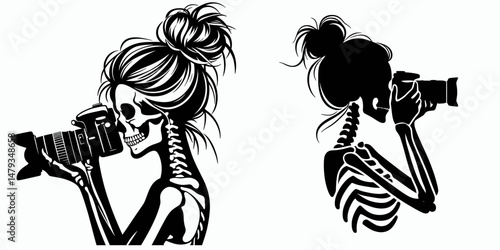 Female Skeleton with Messy Bun Photographer. Clipart silhouette vector illustration. Lady undead disarrayed chignon taking picture bone frame artist.