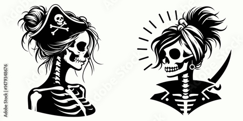 Female Skeleton with Messy Bun Pirate. Clipart silhouette vector illustration. Bone woman corsair sporting unruly coil hairdo nautical phantom art.