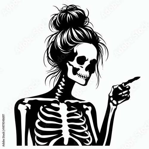 Female Skeleton with Messy Bun Pointing. Clipart silhouette vector illustration. Bony woman figure disheveled topknot indicating direction spooky halloween.