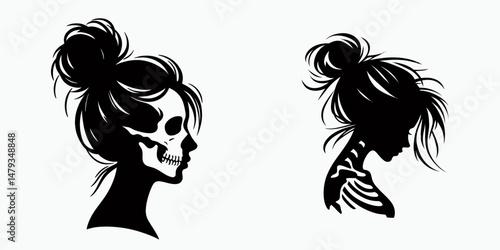 Female Skeleton with Messy Bun Sad. Clipart silhouette vector illustration. Womans skeletal form unkempt hairdo unhappiness portrait art concept.