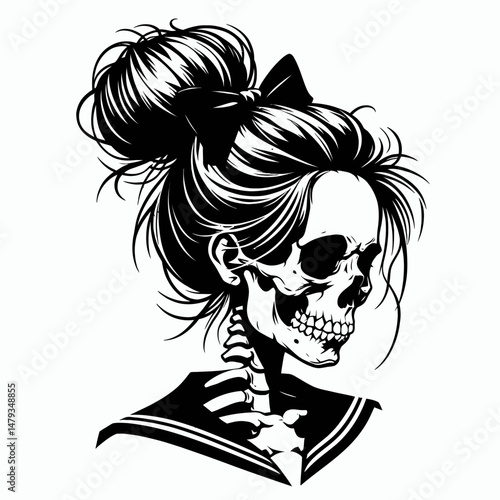 Female Skeleton with Messy Bun Sailor. Clipart silhouette vector illustration. Womans bony framework sporting disheveled chignon in nautical garb.