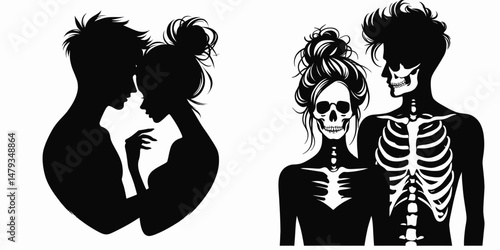 Female Skeleton with Messy Bun Romantic Couple. Clipart silhouette vector illustration. Lady bone structure untidy chignon love partner tender affection.