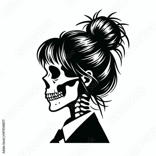 Female Skeleton with Messy Bun Salesperson. Clipart silhouette vector illustration. Bony feminine vendor untidy chignon commerce figure offering goods.