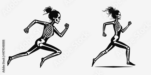 Female Skeleton with Messy Bun Running. Clipart silhouette vector illustration. Lady bone structure in motion unkempt hairdo spirited dash anatomy theme.
