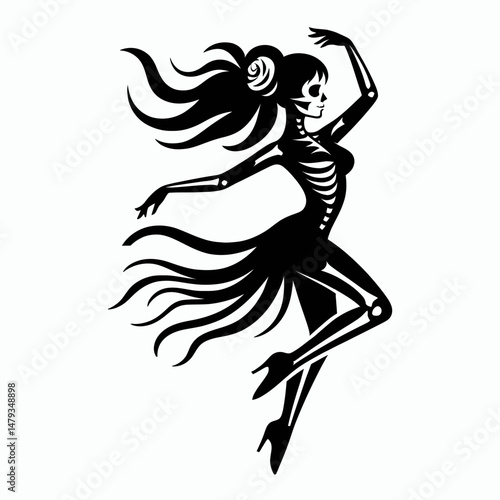 Female Skeleton with Messy Bun Salsa Dancing. Clipart silhouette vector illustration. Lady anatomy doing vibrant latin dance untidy chignon skull art.